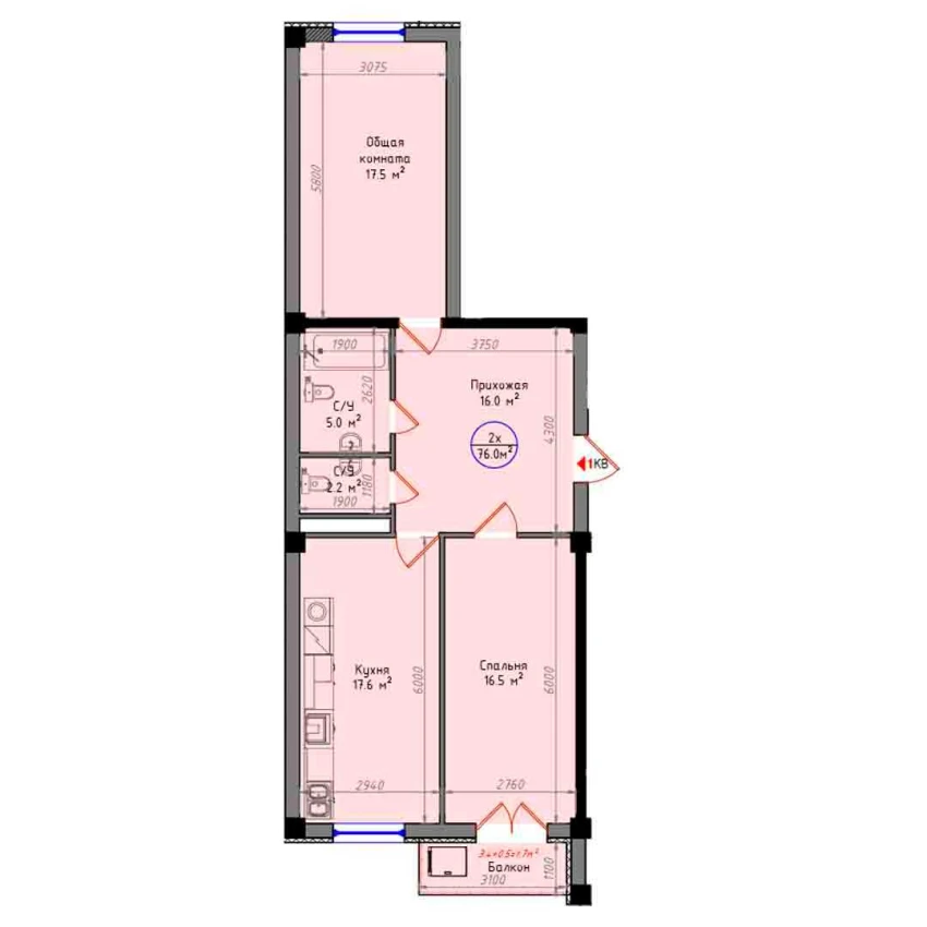 2-комнатная квартира 76.5 м²  10/10 этаж