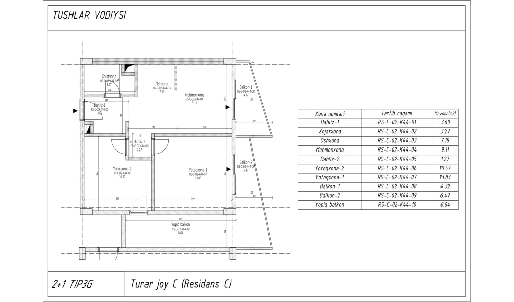 3-xonali xonadon 56.397 m²  6/6 qavat