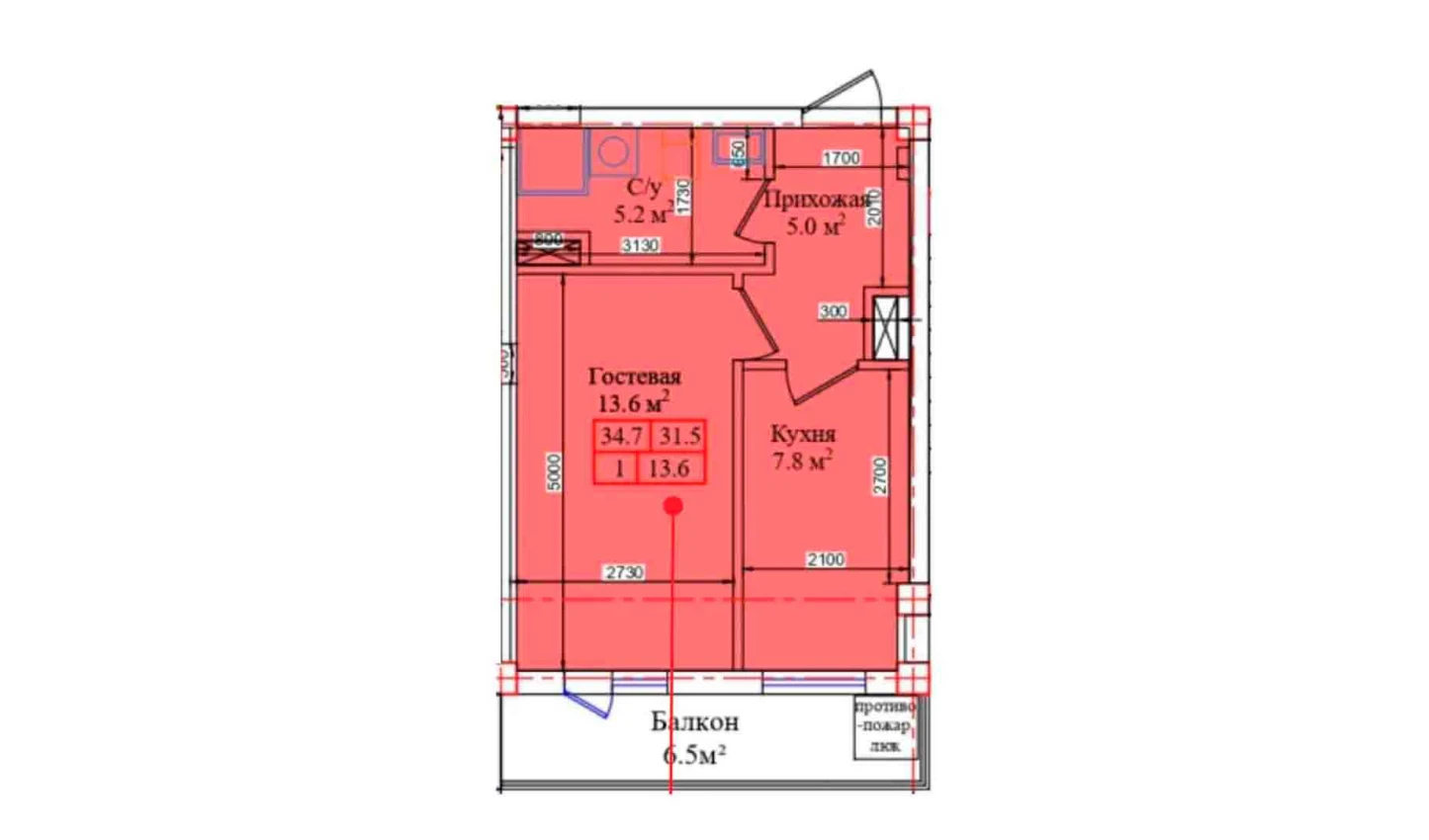 1-комнатная квартира 34.7 м²  3/3 этаж