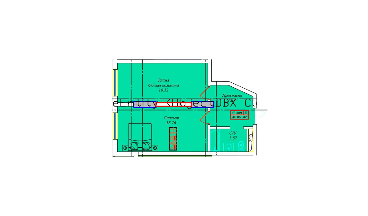 1-xonali xonadon 45.95 m²  15/15 qavat