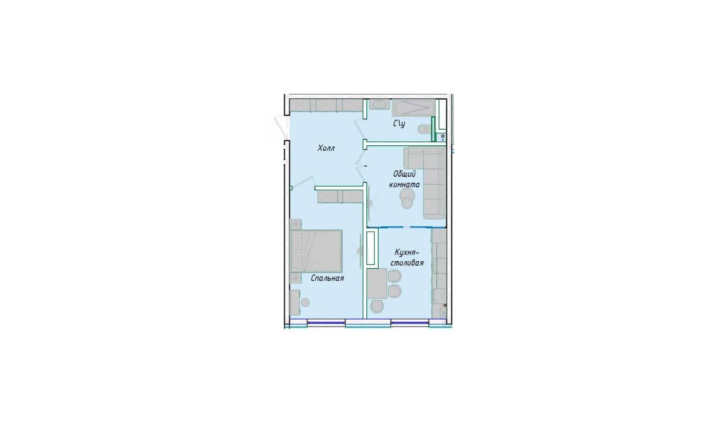 2-комнатная квартира 50.85 м²  1/1 этаж