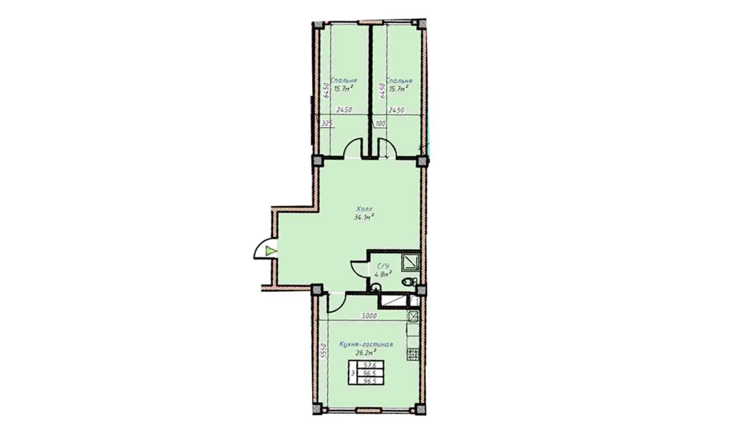 3-комнатная квартира 96.5 м²  7/7 этаж