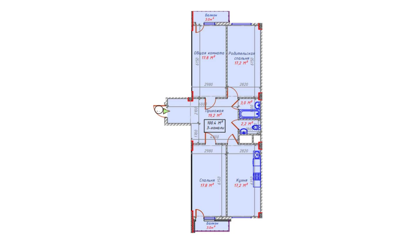 3-xonali xonadon 100.4 m²  15/15 qavat