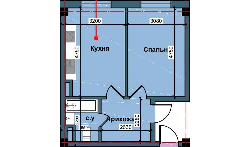 1-xonali xonadon 44.6 m²  1/1 qavat