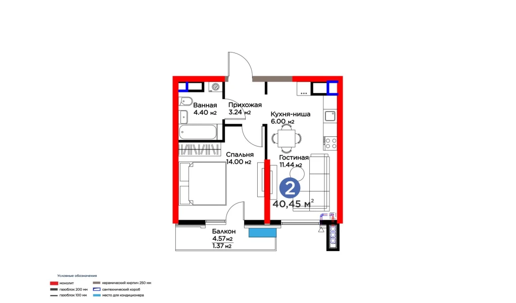 2-комнатная квартира 40.45 м²  7/7 этаж