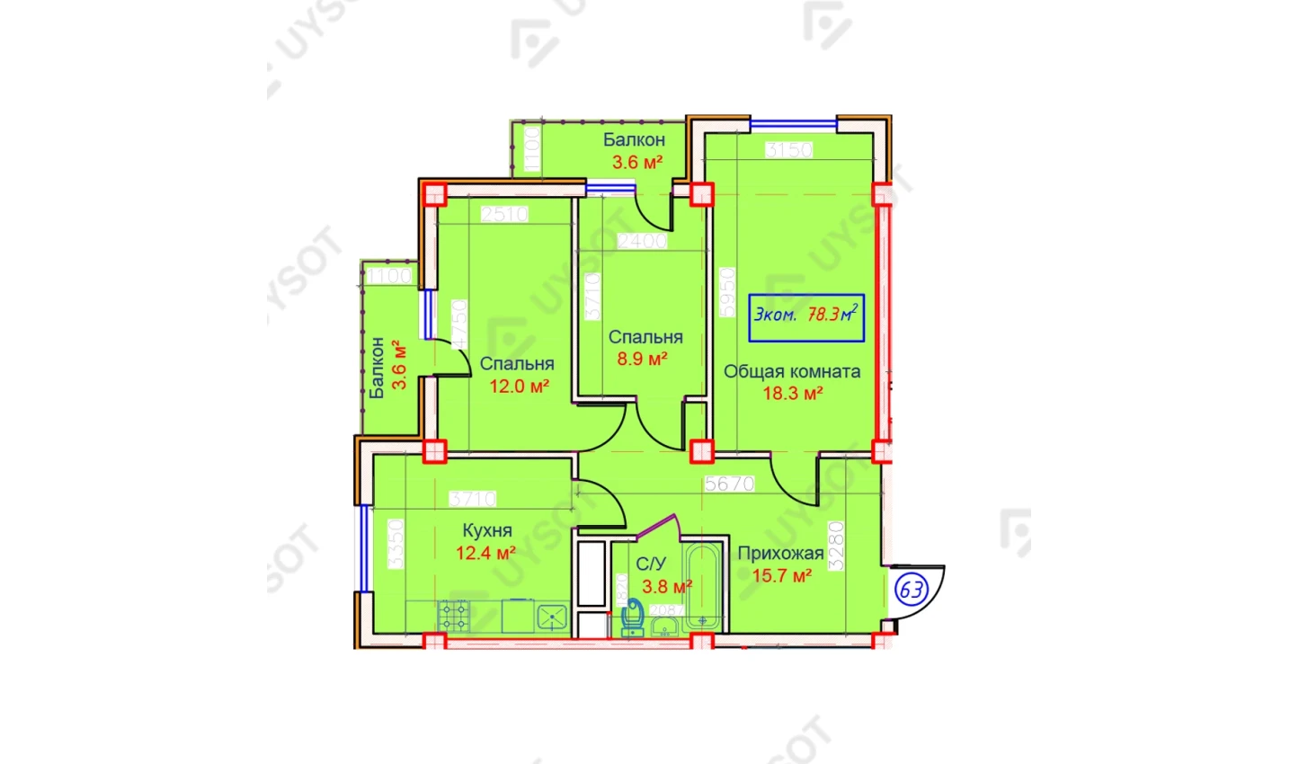 3-комнатная квартира 78.3 м²  4/4 этаж