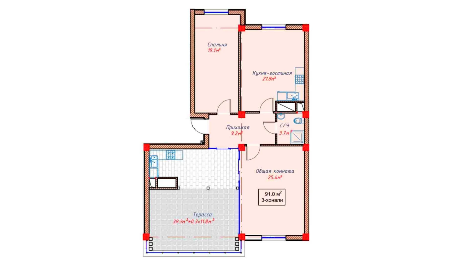 2-xonali xonadon 91 m²  10/10 qavat