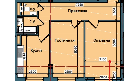 2-xonali xonadon 62.4 m²  6/6 qavat