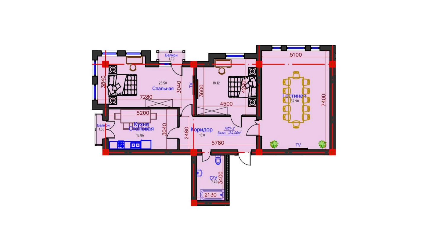 3-xonali xonadon 124 m²  7/7 qavat