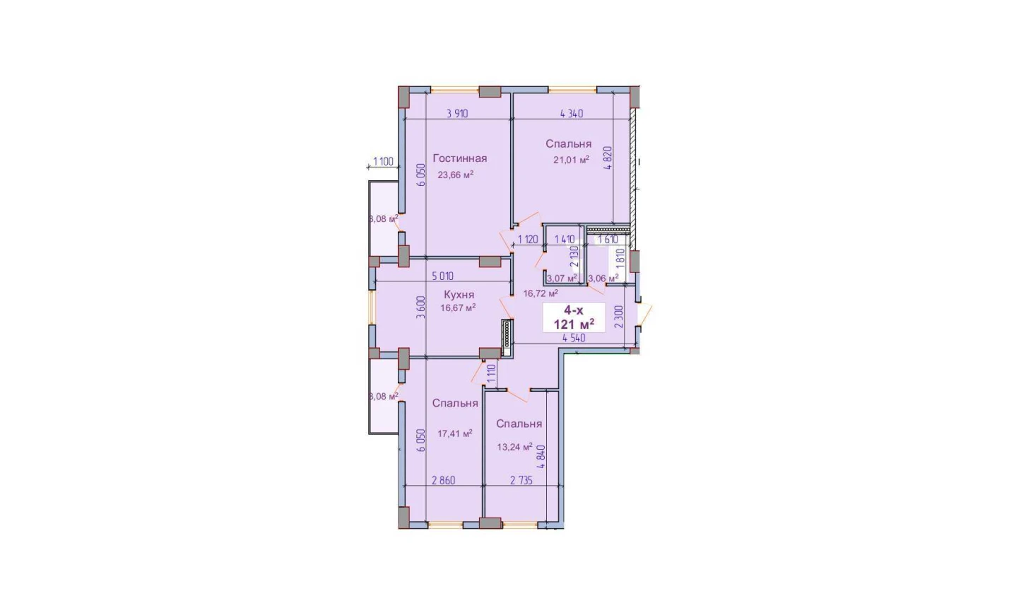 4-комнатная квартира 121 м²  6/6 этаж