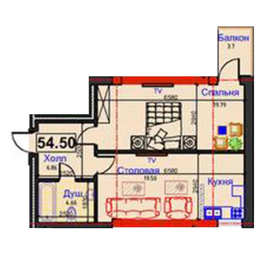 1-комнатная квартира 54.5 м²  4/4 этаж