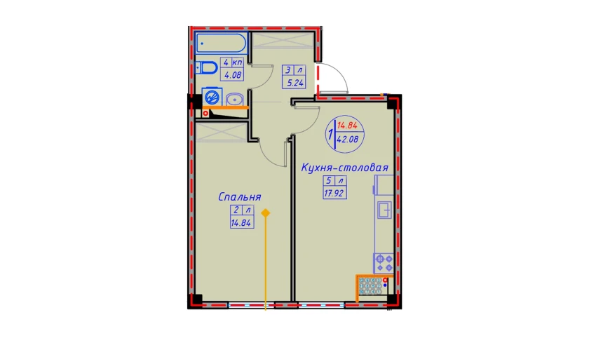 1-комнатная квартира 46.2 м²  1/12 этаж | Жилой комплекс SPUTNIK AVENUE