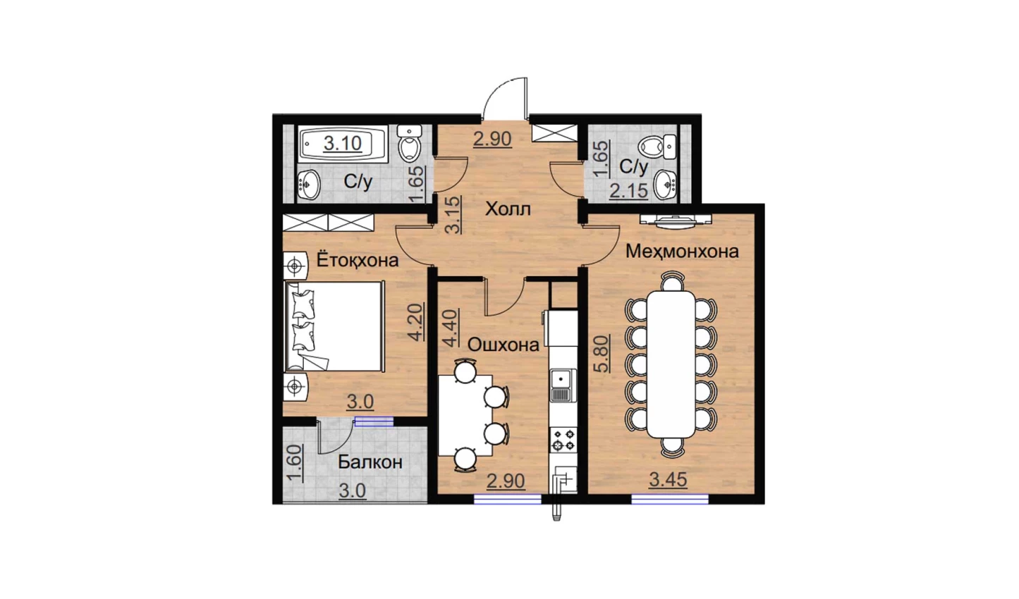 2-комнатная квартира 75.42 м²  14/14 этаж