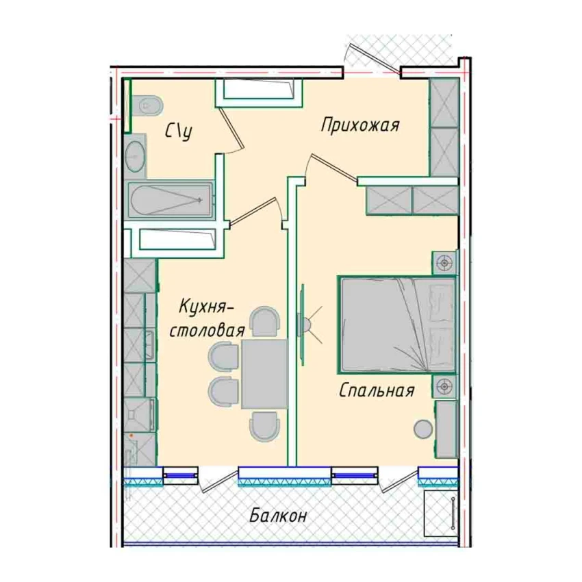 1-комнатная квартира 35.73 м²  9/9 этаж