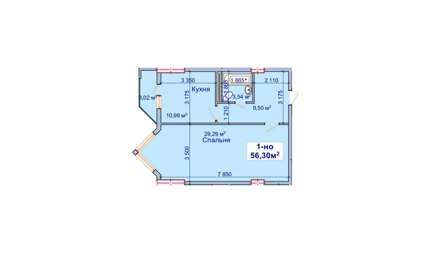 1-xonali xonadon 56.3 m²  7/7 qavat