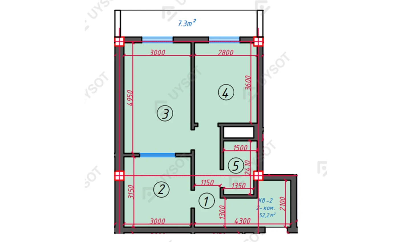 2-xonali xonadon 52.2 m²  10/10 qavat