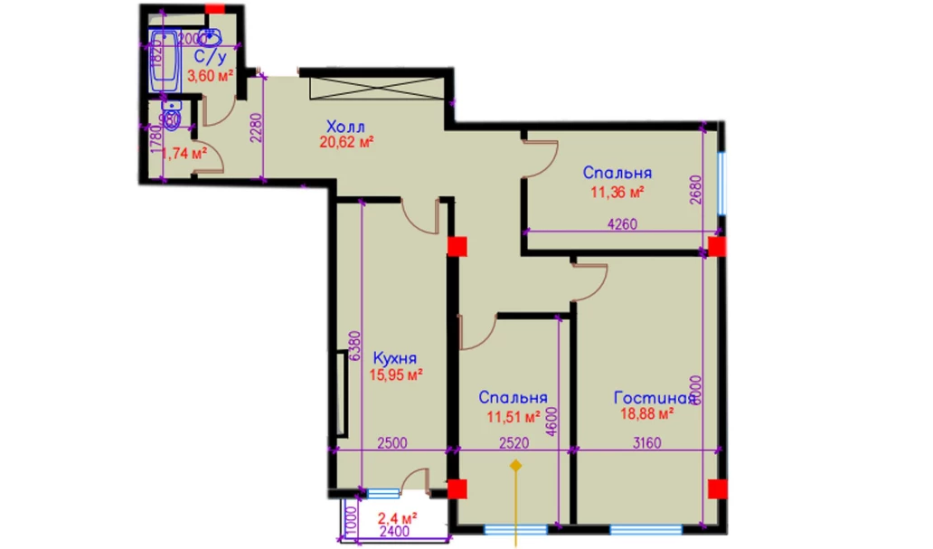 3-xonali xonadon 86.65 m²  9/9 qavat