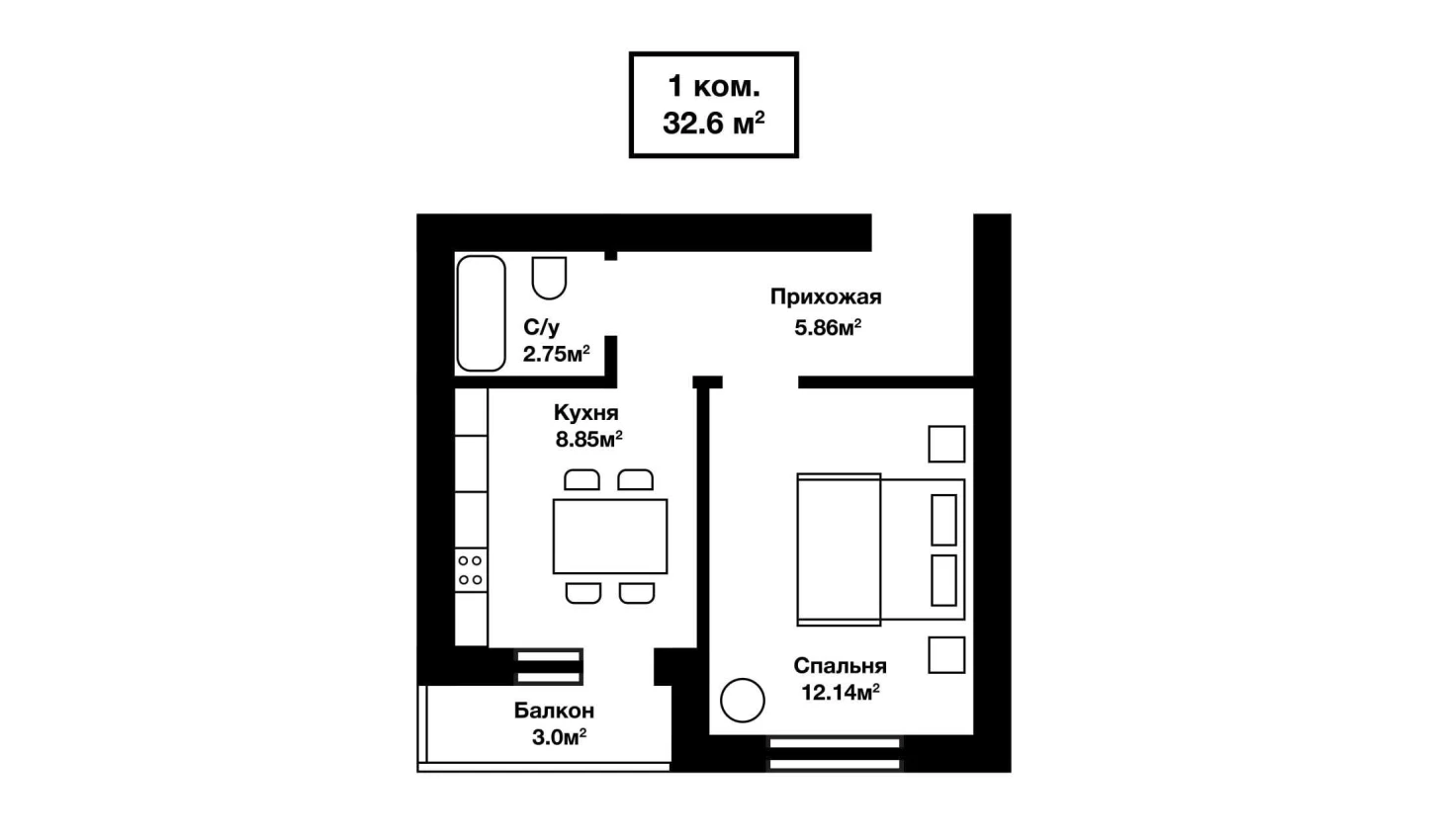 1-комнатная квартира 29.6 м²  6/6 этаж