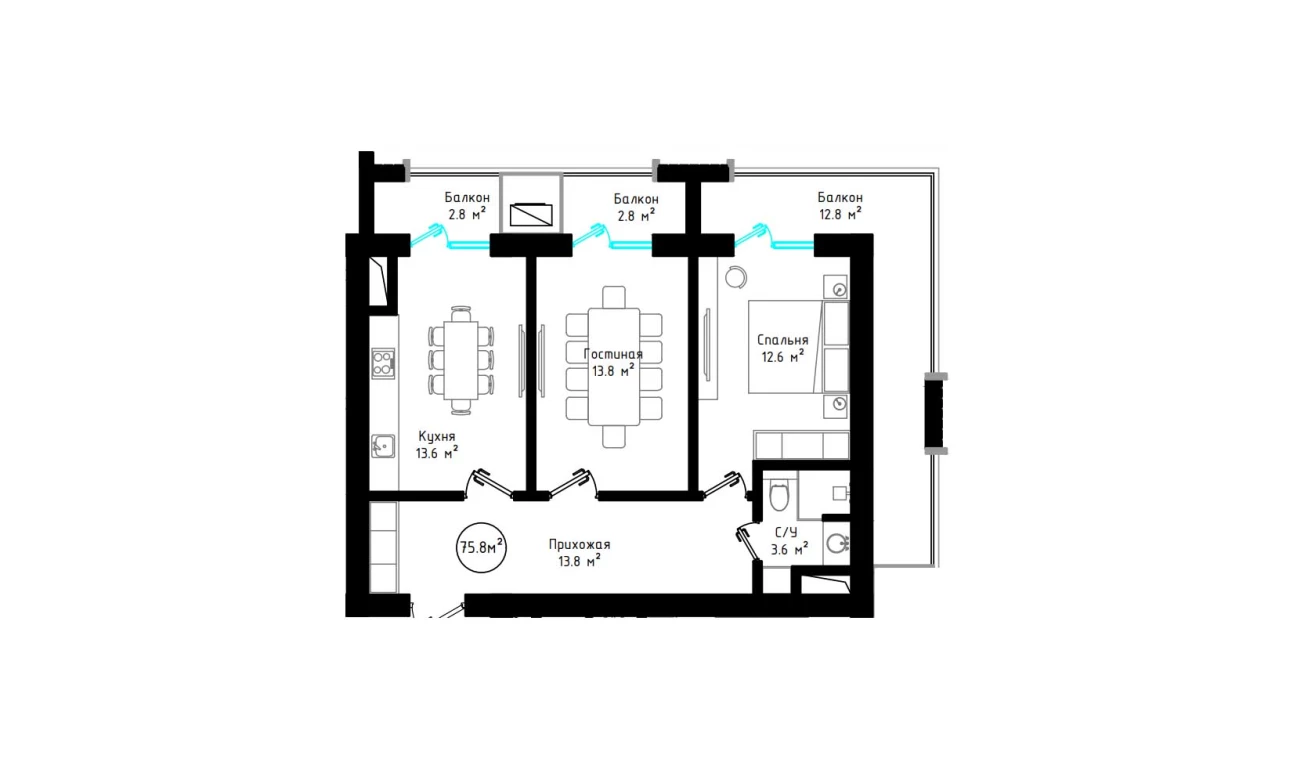 2-комнатная квартира 75.8 м²  5/5 этаж