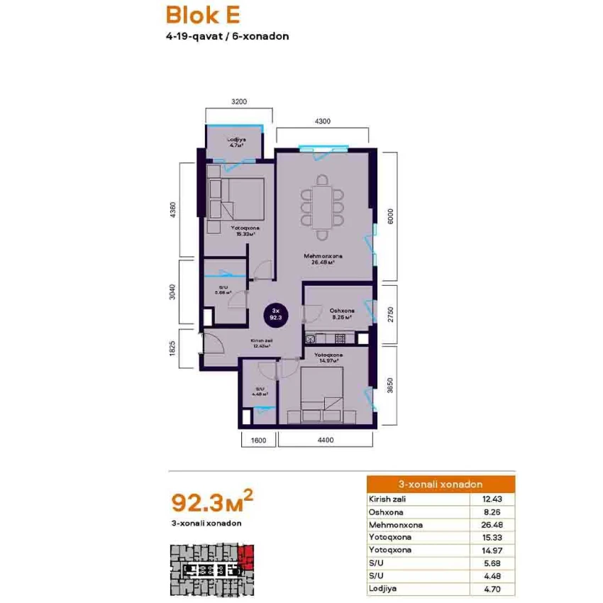 3-xonali xonadon 92.3 m²  10/10 qavat