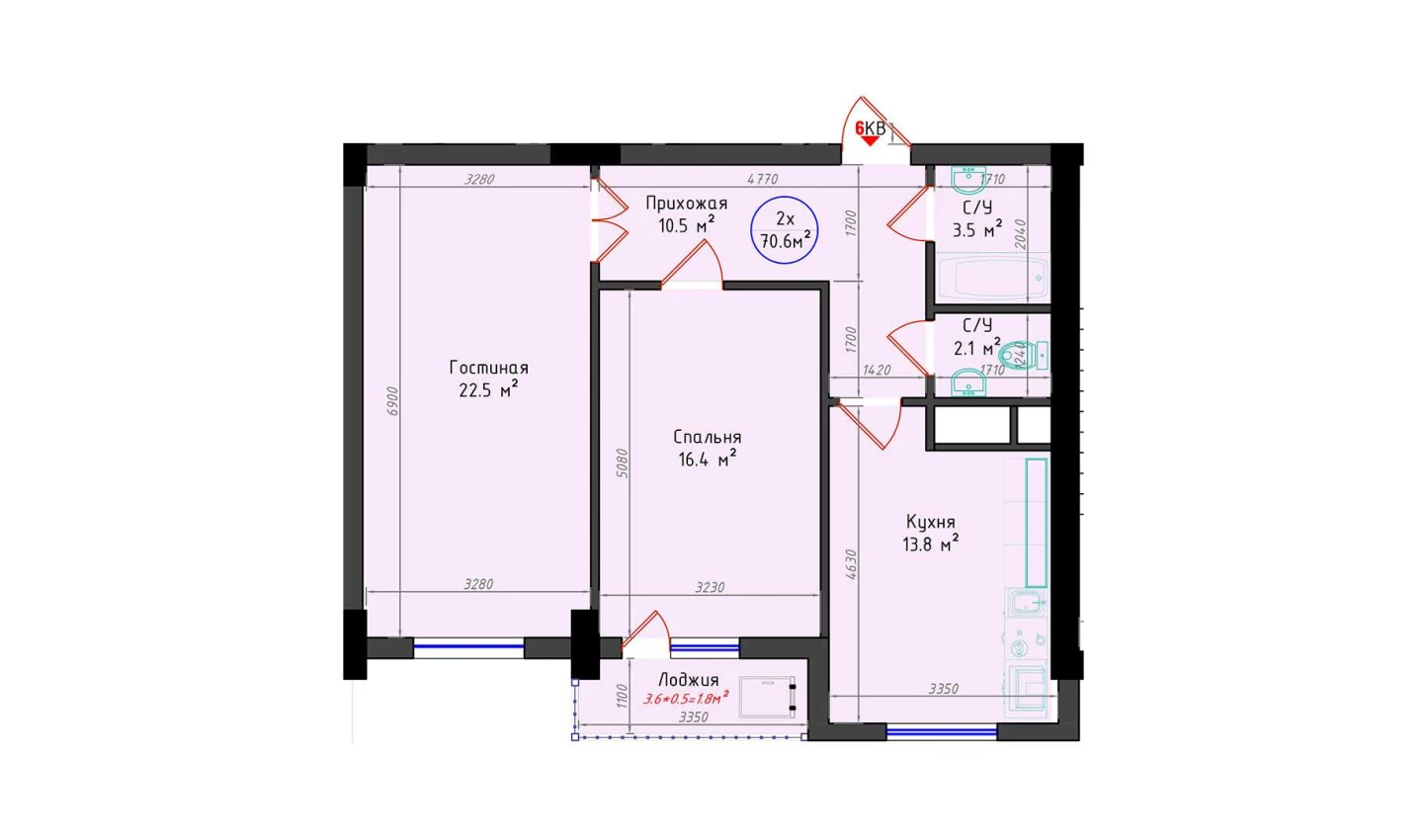 2-xonali xonadon 70.6 m²  22/22 qavat