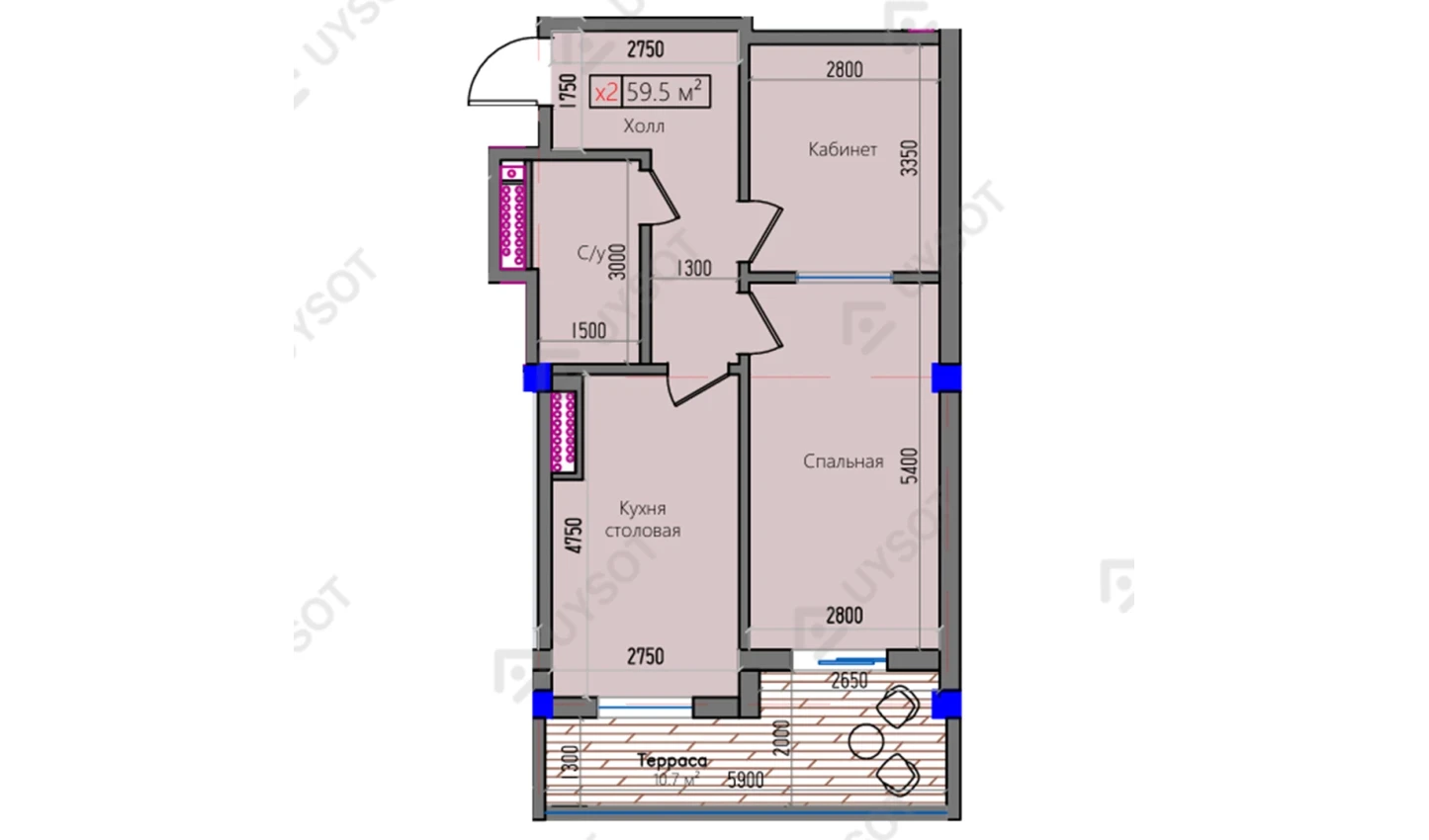 2-комнатная квартира 59.5 м²  14/14 этаж