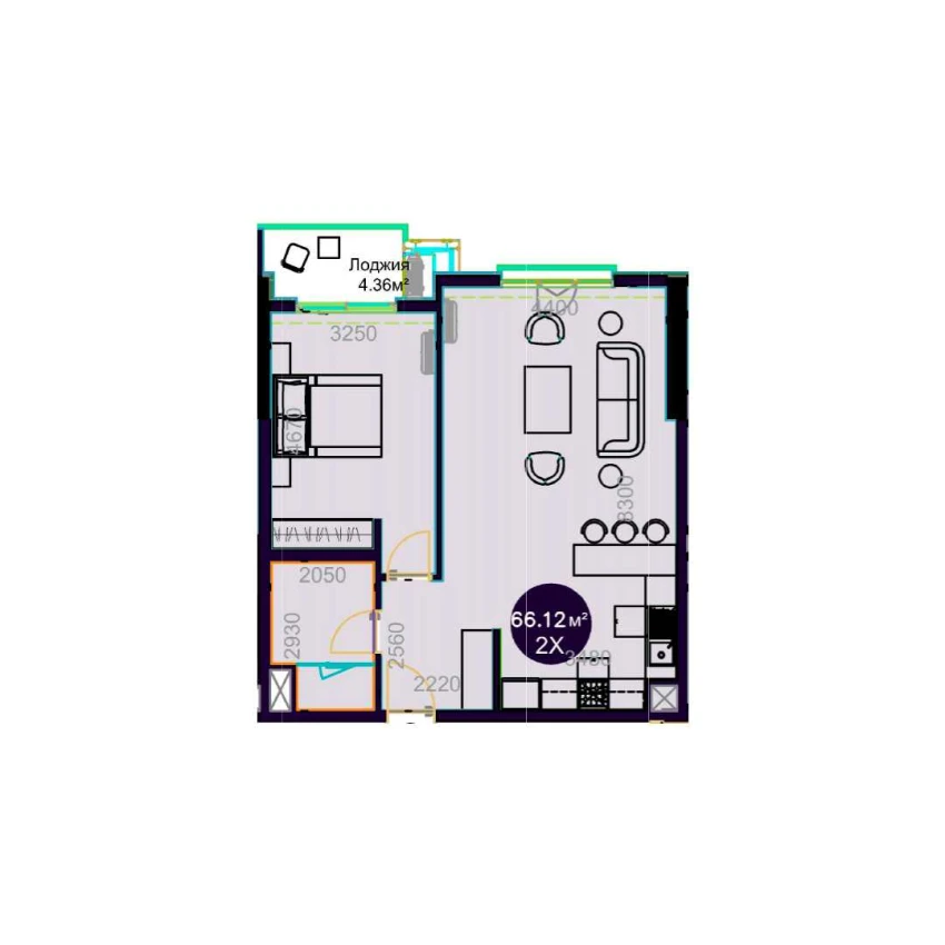 2-комнатная квартира 66.12 м²  4/4 этаж