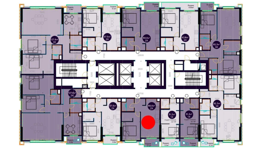 2-комнатная квартира 60 м²  8/8 этаж