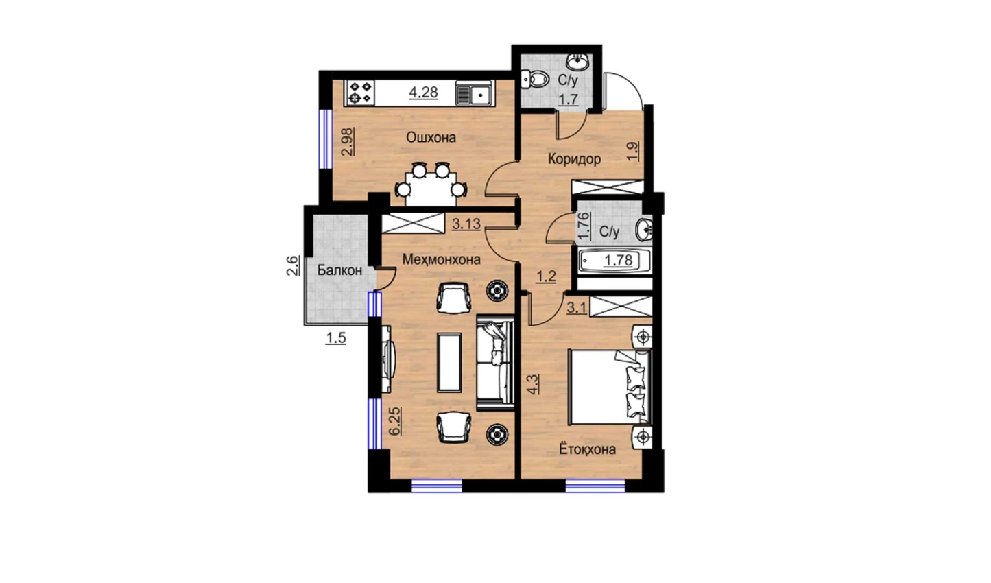 2-комнатная квартира 70.19 м²  12/12 этаж