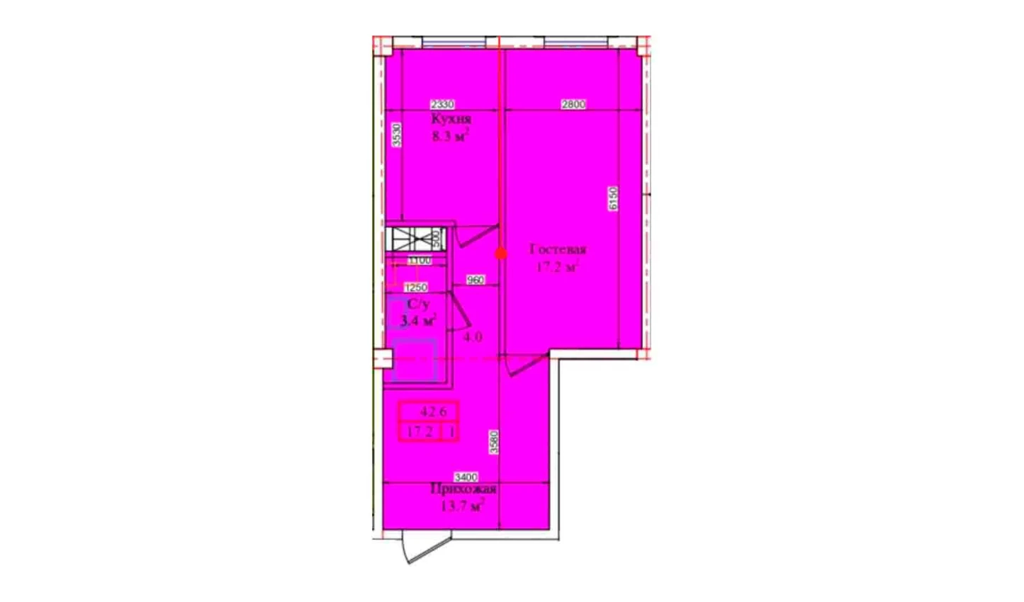 1-комнатная квартира 42.6 м²  1/1 этаж