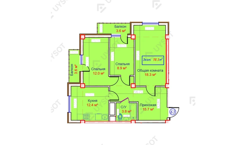 3-комнатная квартира 78.3 м²  4/4 этаж