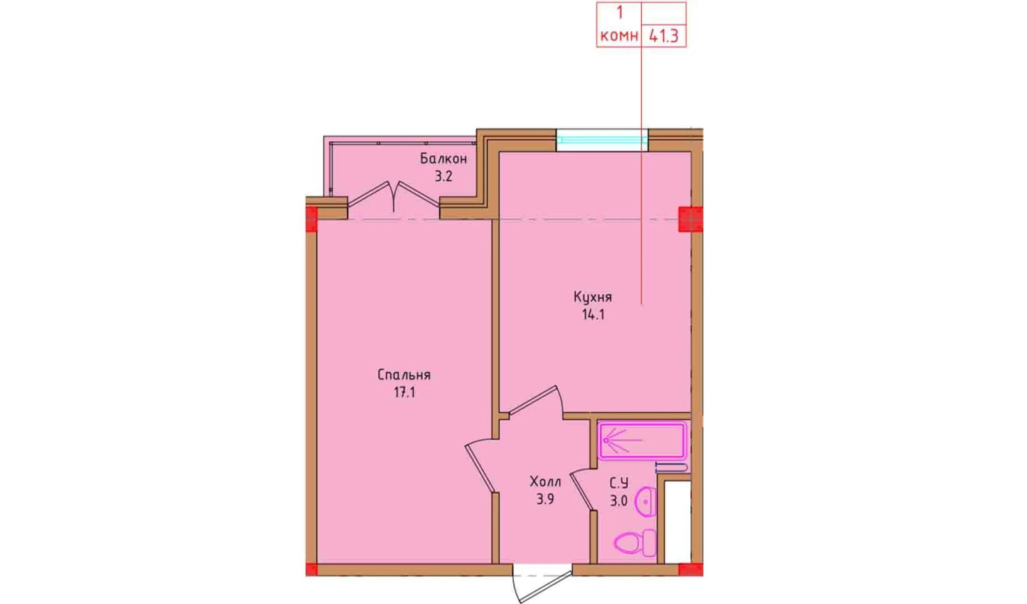 1-комнатная квартира 39.17 м²  2/2 этаж