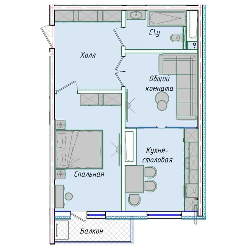 2-xonali xonadon 50.7 m²  16/16 qavat