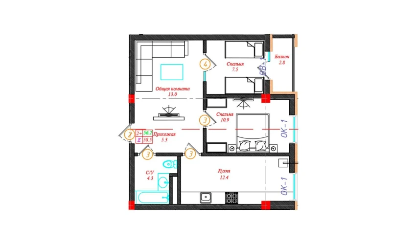 2-xonali xonadon 58.5 m²  7/12 qavat | CHINARA PARK Turar-joy majmuasi