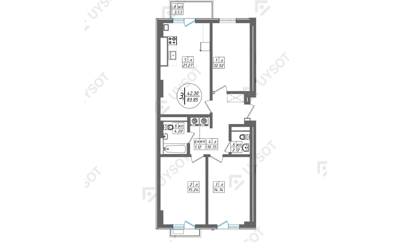 3-комнатная квартира 83.85 м²  8/8 этаж