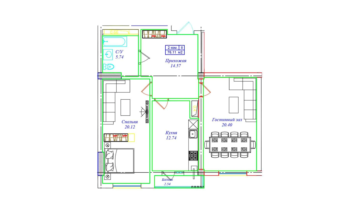 2-комнатная квартира 76.11 м²  8/8 этаж