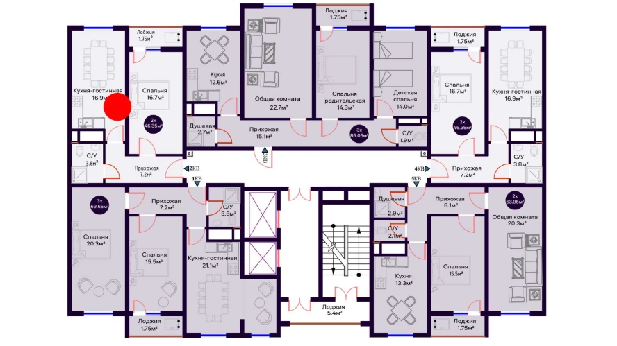 2-комнатная квартира 46.35 м²  6/6 этаж