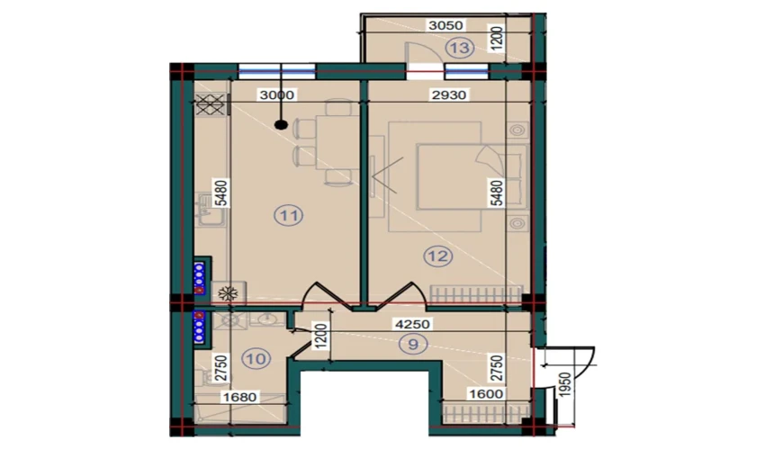 1-xonali xonadon 95.5 m²  7/7 qavat | Bristol Turar-joy majmuasi