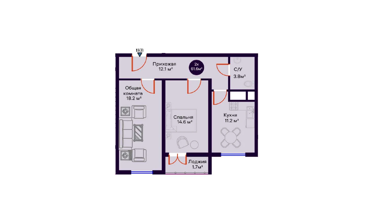 2-комнатная квартира 61.6 м²  4/4 этаж