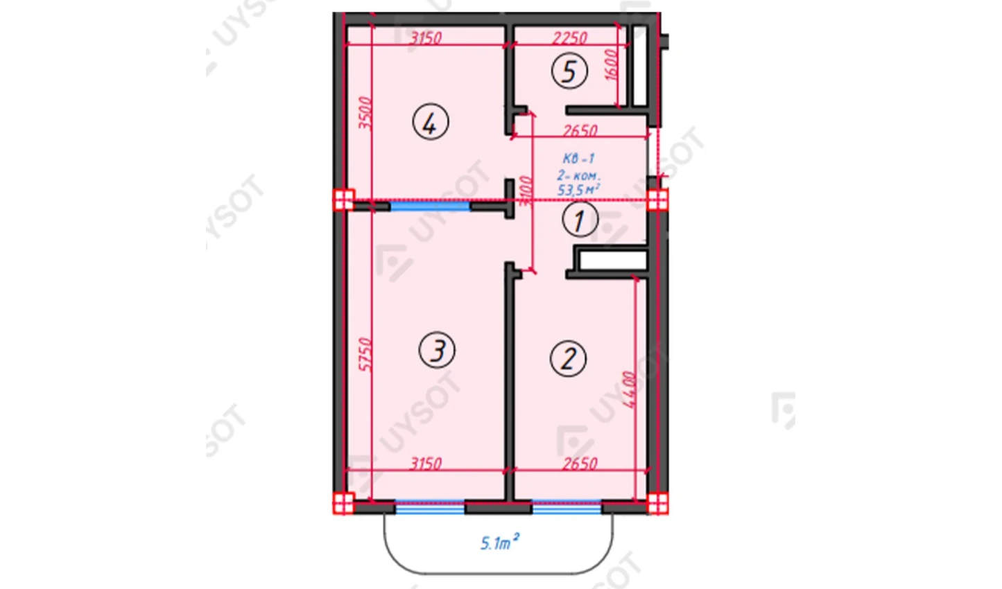 2-xonali xonadon 53.5 m²  6/6 qavat