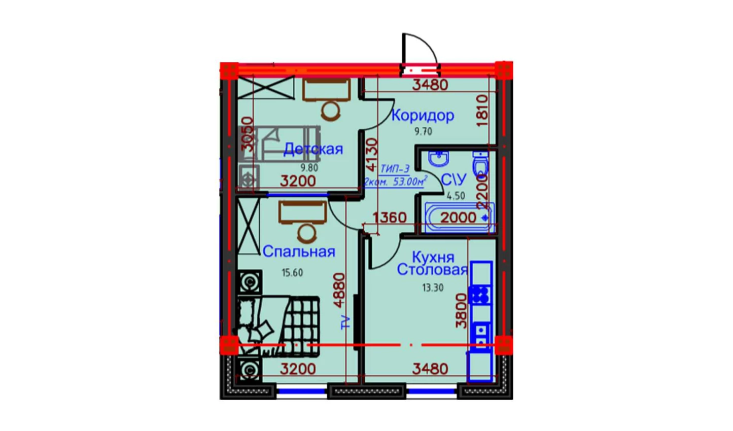 2-комнатная квартира 53 м²  8/8 этаж