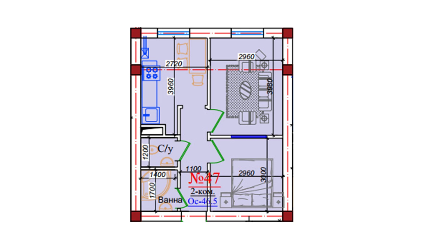 2-комнатная квартира 46.5 м²  9/9 этаж