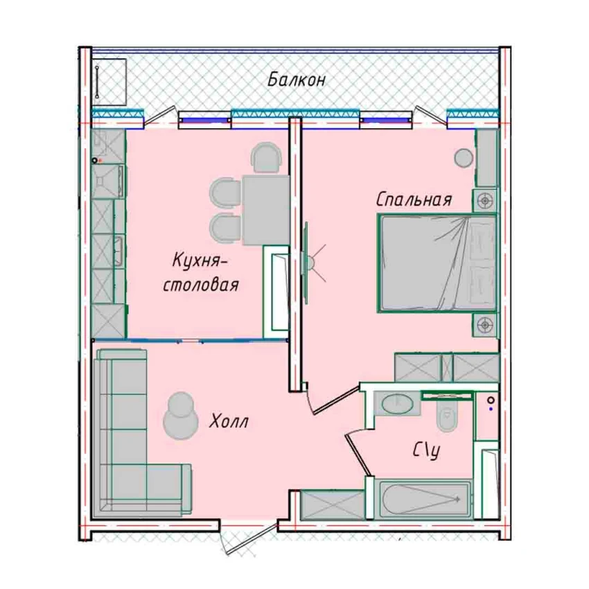 1-xonali xonadon 43.98 m²  12/12 qavat