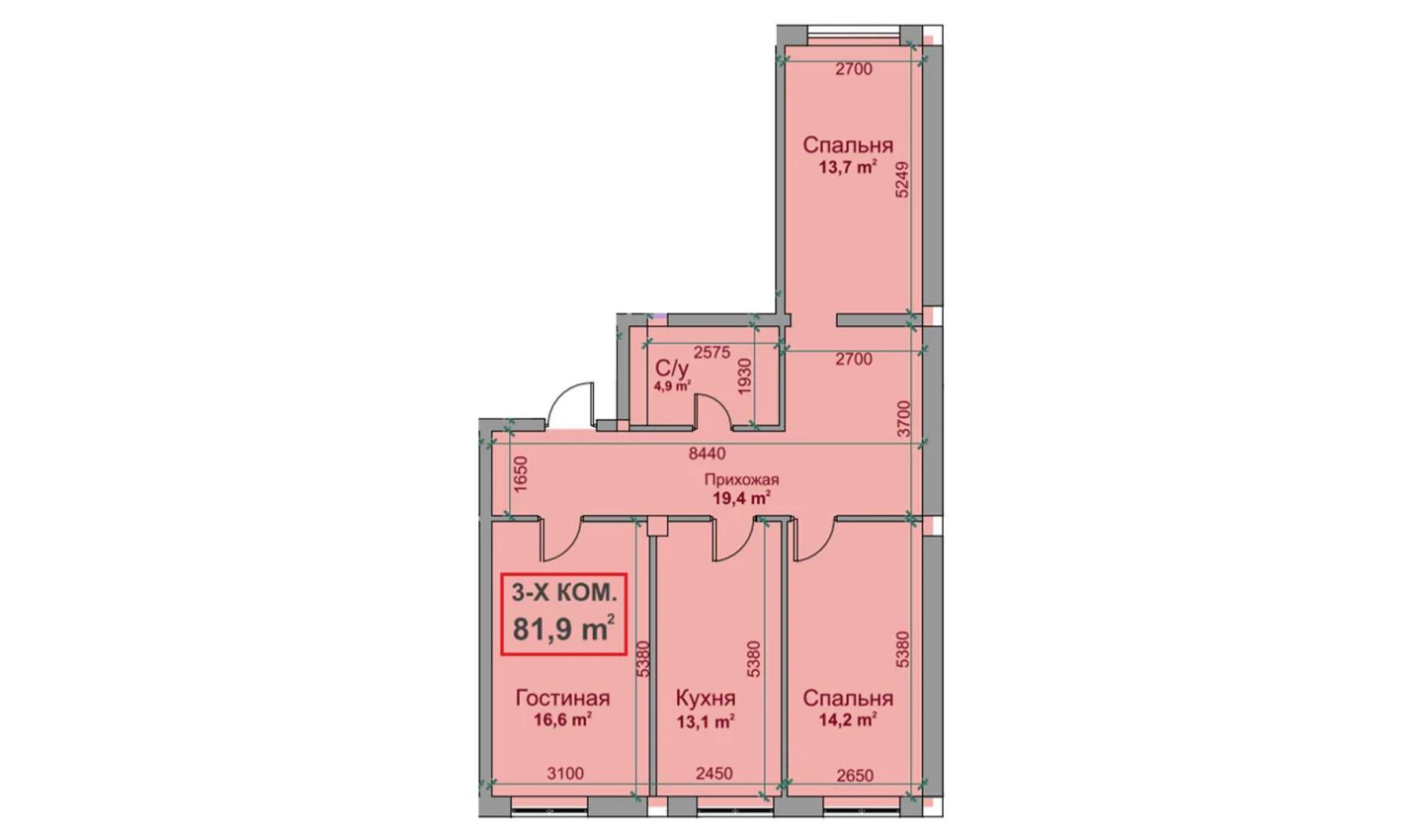 3-комнатная квартира 81.9 м²  2/2 этаж