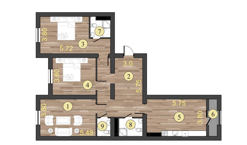 3-xonali xonadon 106 m²  2/2 qavat