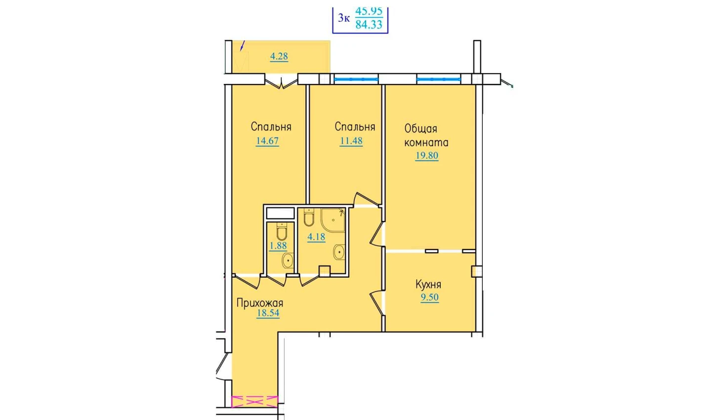 3-xonali xonadon 84.33 m²  3/9 qavat | PROVANS Turar-joy majmuasi