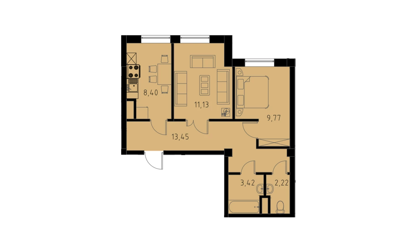 2-комнатная квартира 48.39 м²  6/6 этаж