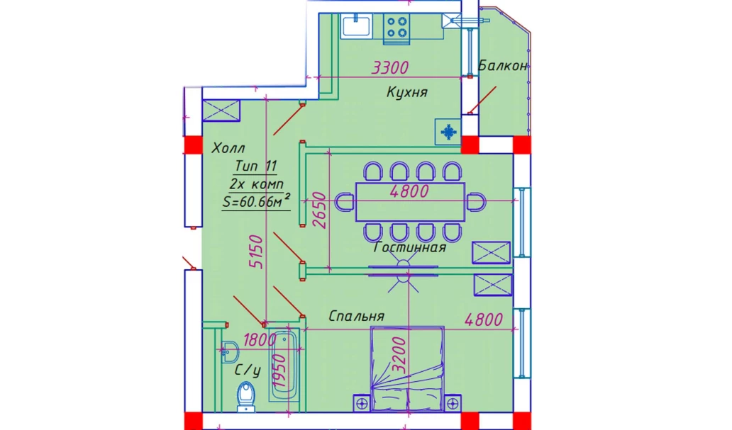 2-xonali xonadon 60.66 m²  6/6 qavat