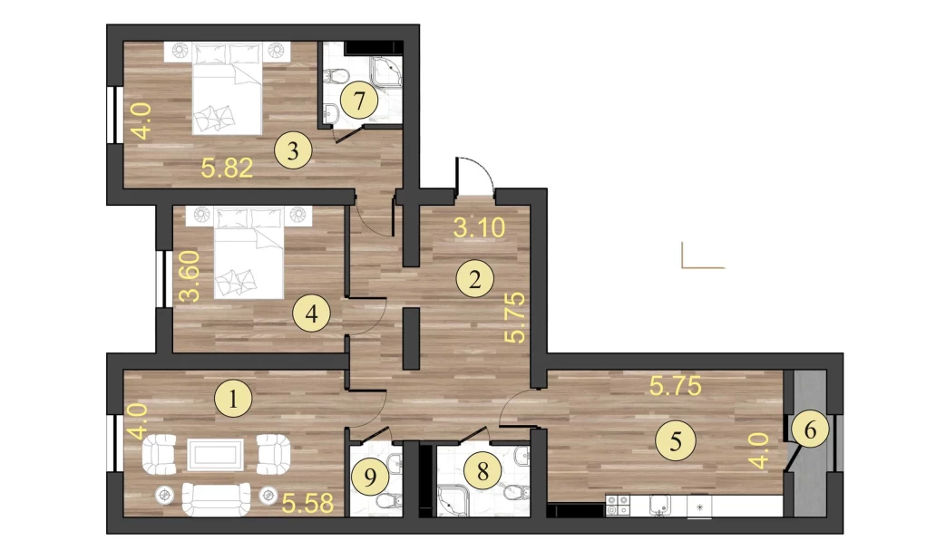 3-xonali xonadon 111.9 m²  11/11 qavat