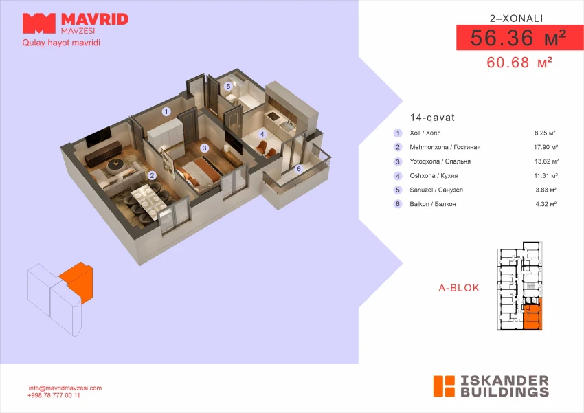 2-комнатная квартира 56.36 м²  14/14 этаж